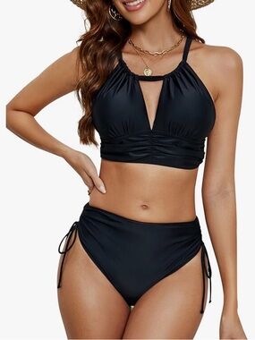 Blooming Jelly Hot Neon Pink High Neck Swimwear Two Piece Piece Bikini, NWT